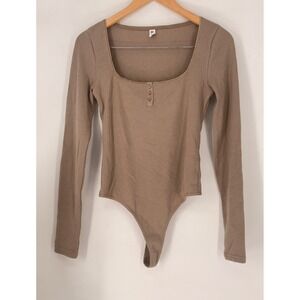 BP Square Neck Long Sleeve‎ Bodysuit Top Brown Ribbed Casual Everyday